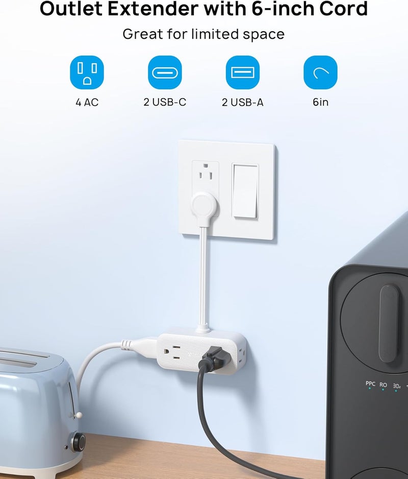 TROND Outlet Extender with 6 Inch Cord, Flat Plug Adapter for Inverted Sockets, 4 Electrical Sockets, 4 USB Ports, Multi Plug Wall Outlet for Home Travel, Cruise Ship Essentials, White - Image 3